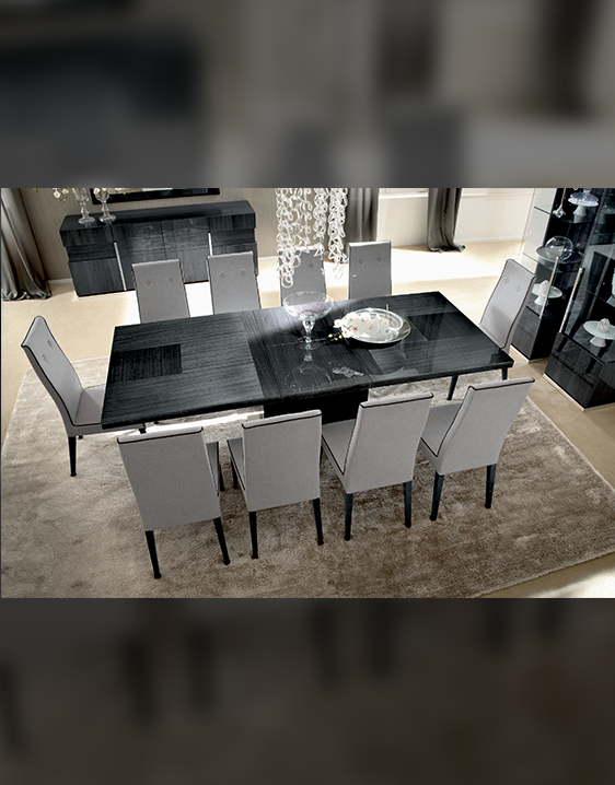 dark gray high gloss rectangular table with 10 chairs