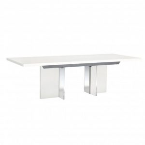 white lacquer dining table on acrylic legs