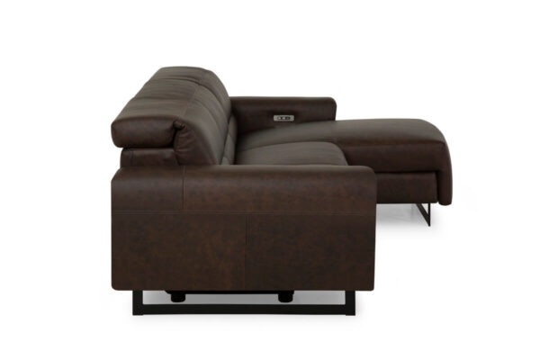 chocolate colored leather sofa chaise side view