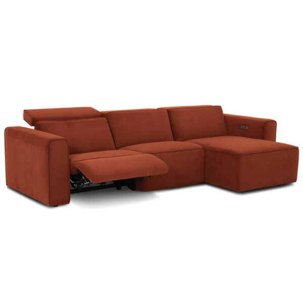 burnt orange fabric reclining sofa chaise showing seat reclined