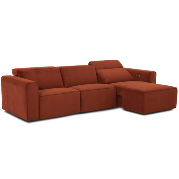 burnt orange fabric reclining sofa chaise showing chaise in the reclined position