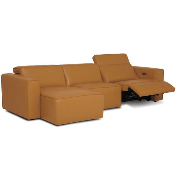 camel colored leather reclining sofa chaise with reclining seat position shown
