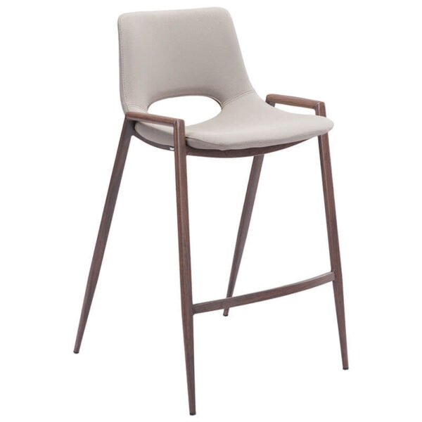 beige faux leather barstool with brown painted steel legs. oval opening in lower back of barstool seat.