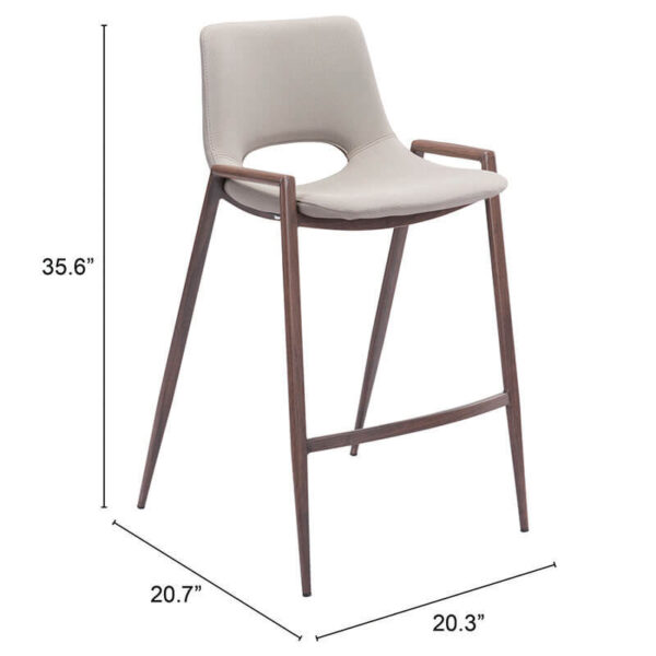 beige barstool, brown legs, measurements for bar height 35.6" height by 20.7" depth and 20.3" width