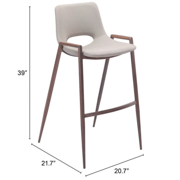 beige barstool, brown legs, measurements for bar height 39" height by 21.7" depth and 20.7" width