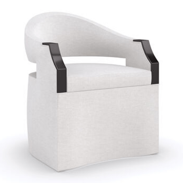Dinner Roll chair in a white fabric and wood on arm rest from Caracole