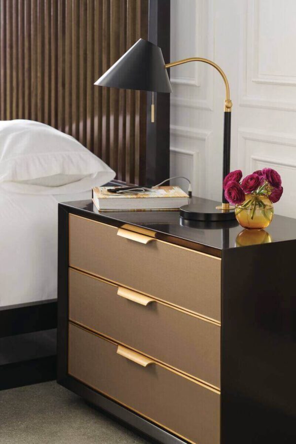 dark chocolate mide century modern nightstand with 3 mocha drawers and champagne hardware