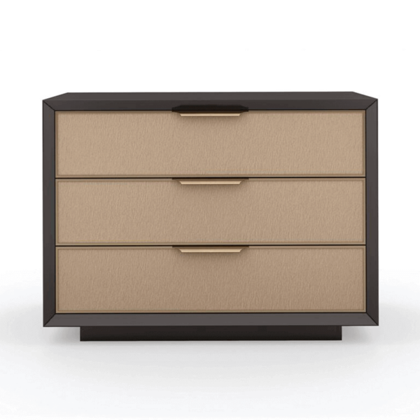 dark chocolate mide century modern nightstand with 3 mocha drawers and champagne hardware front shot silo