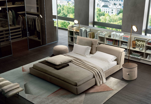luxury bedroom overhead shot featuring leather bed