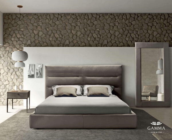 taupe leather bed staged in a contemporary bedroom