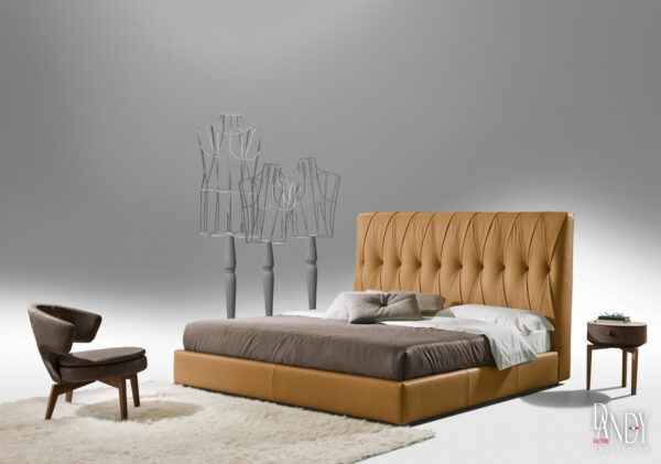 rust leather bed with cross tufting in a contemporary room setting