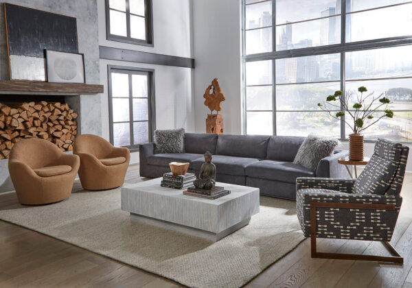 contemporary charcoal sectional in modern home with neutral tone decor