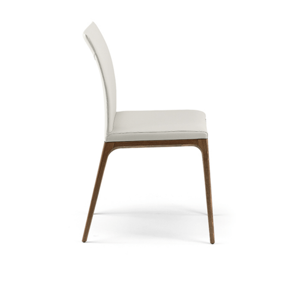 white leather dining chair with wooden leg product image side shot