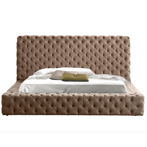 Aston Bed in a tan leather tufted luxury bed by Gamma