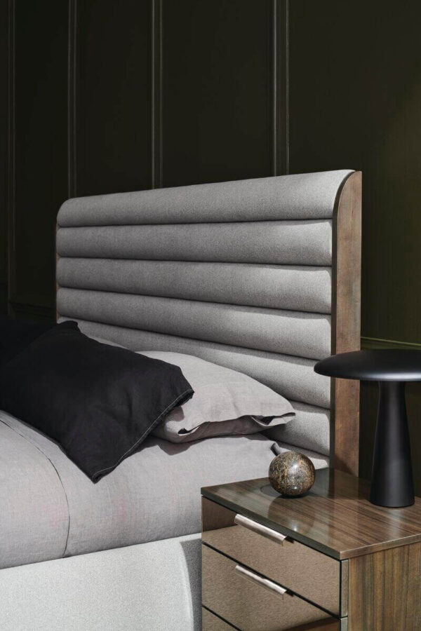 gray smokey modern bed with horizontal slats at an angel