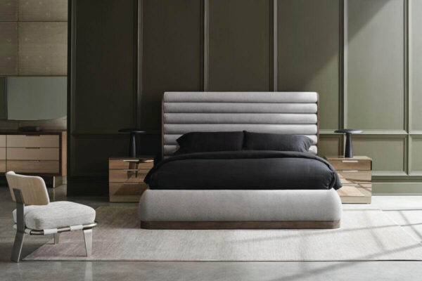 gray smokey modern bed with horizontal slats in room