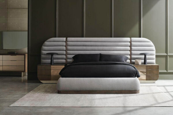 gray smokey modern bed with horizontal panels and extension rounded off panel headboard