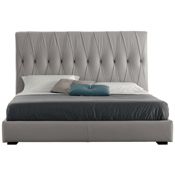 gray leather bed with cross tailoring