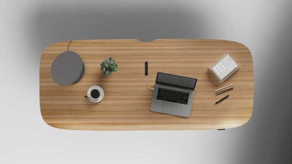 staged walnut desk product photo overhead shot