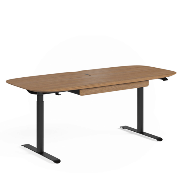 walnut rounded edge electric sit stand desk shown with drawer