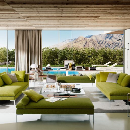 a beautiful sofa-sets in a living room overlooking a scenic mountain