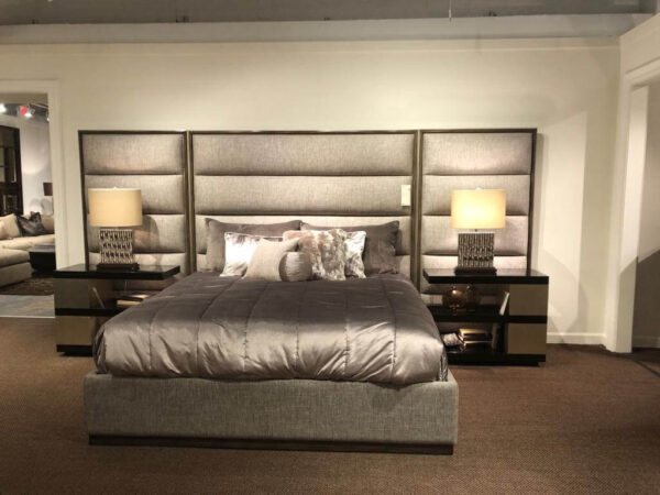 taupe king size custom panel bed product image with dark wood trim and extra wing panels on either side of the bed