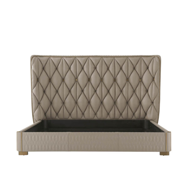 Quilted taupe leather king bed.
