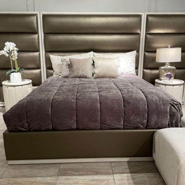 palo alto bed by marge carson with side panels in a bronze material and white wood trim