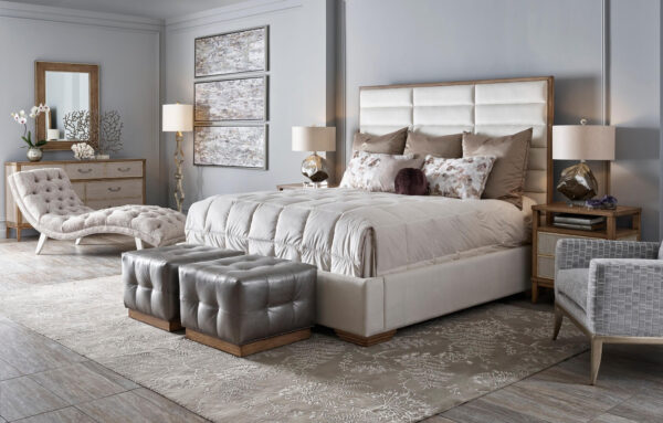 contemporary panel bed in a white material with walnut wood finish trim product image