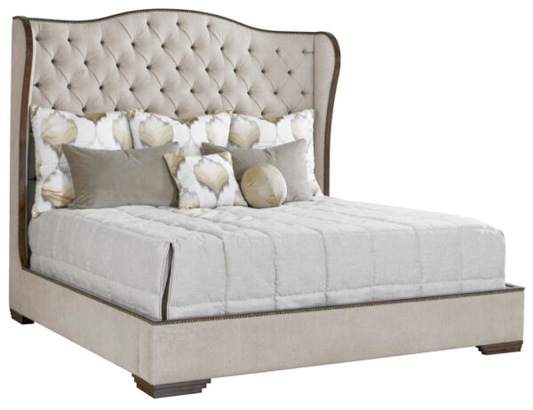 traditional palo alto bed product image with tufting in a cream fabric with contrast dark wood finished trim