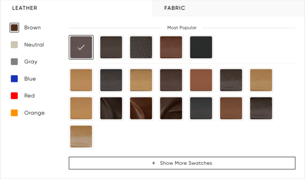 Leather and fabric color swatch option examples for custom Montera sofa by American Leather. Available for order at Niu Urban Living in McAllen, TX.