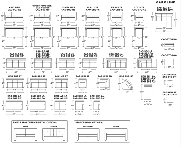 Specification sheet for sofa sleeper sizing options by American Leather.