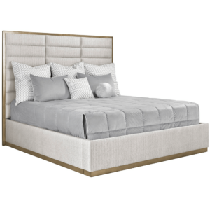 contemporary panel bed in a light fabric with latte wood finish trim product image