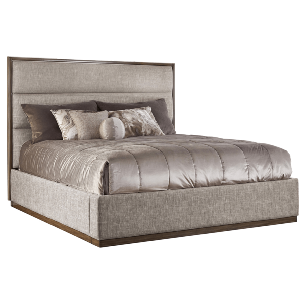 taupe king size custom panel bed product image with dark wood trim