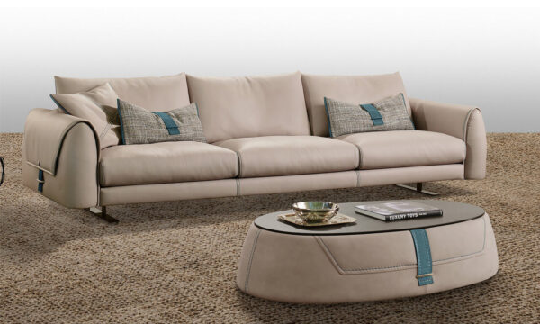 modern taupe leather sofa with teal accents