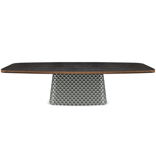Cattelan Italia's Atrium Masterwood dining table burned oak wooden carved top and metal quilted base
