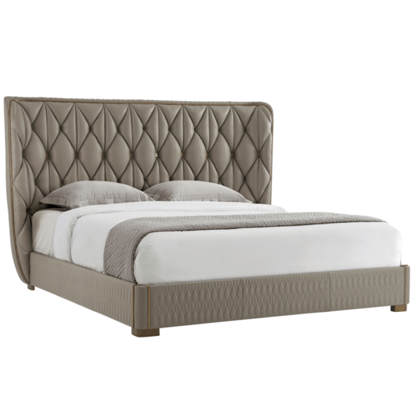 Quilted taupe leather king bed.