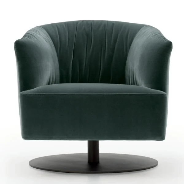 dark teal snug looking circular swivel arm chair on round black base