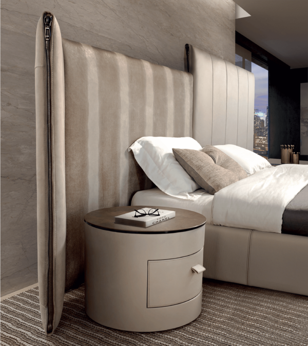 Modern luxury italian bed New York Night by Gamma Arredamenti in two tone taupe leathers side profiile.