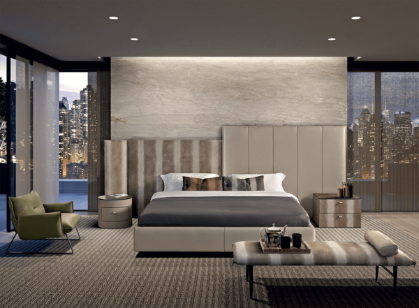 Modern luxury italian bed New York Night by Gamma Arredamenti in two tone taupe leathers.