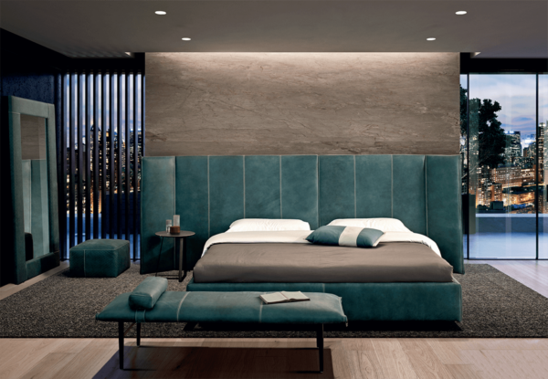 Modern luxury italian bed New York Night by Gamma Arredamenti in teal leather.