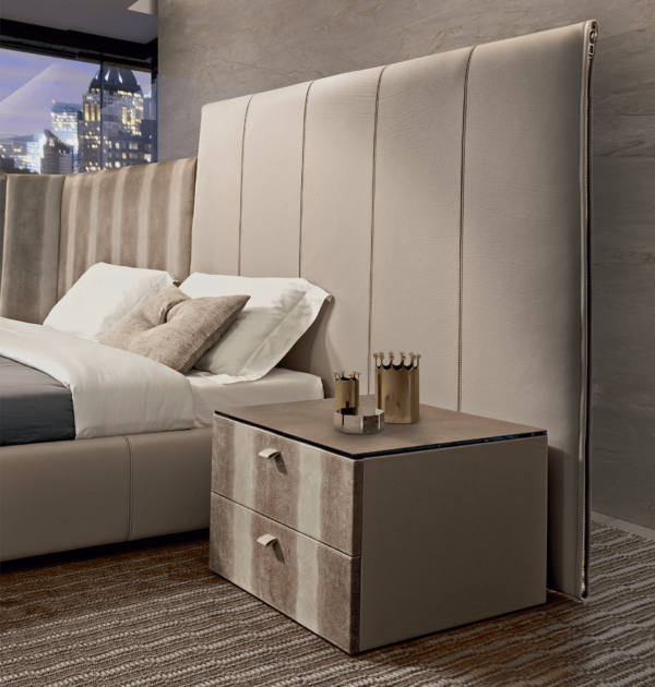 Modern luxury italian bed New York Night by Gamma Arredamenti in two tone taupe leathers side profile.