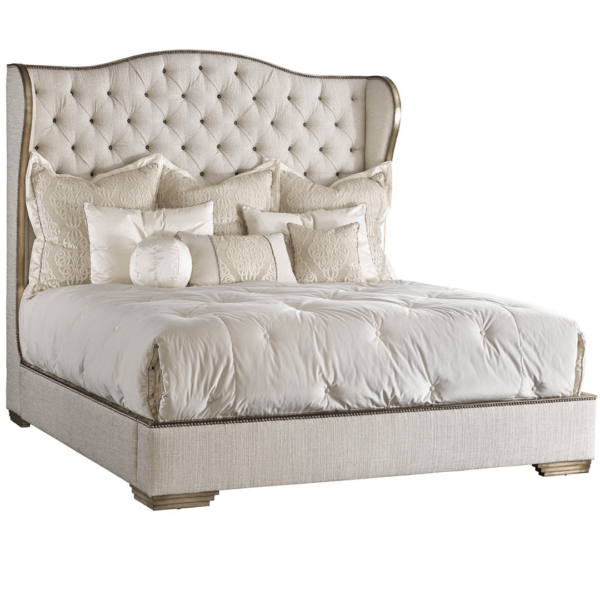 traditional palo alto bed product image with tufting in a cream fabric with contrast gold finish wood trim