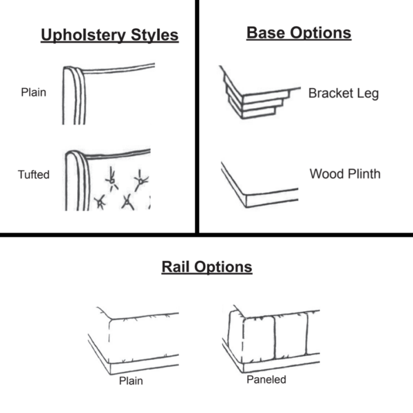 custom bed options, plain or tufted headboard, bracked or wood plinth base, paneled or plain rail base