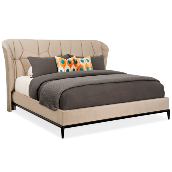 vector contemporary cream bed product image with taupe bedding and two orange and blue accent pillows